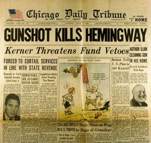 Газета сообщающая о кончине Хемингуэя