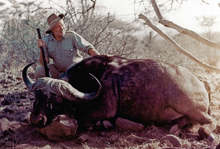 Хемингуэй с ружьем и убитым быком в Африке