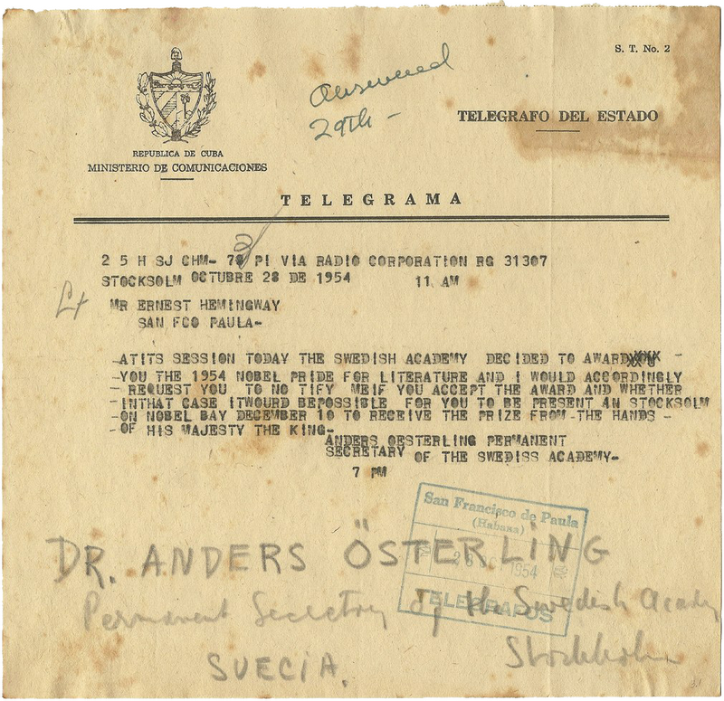 Телеграмма Эрнесту Хемингуэю о присуждении Нобелевской преми